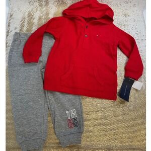 TOMMY HILFIGER Baby Boy Red/Grey Henley Hoodie Matching Outfit Set NWT 24 Month
